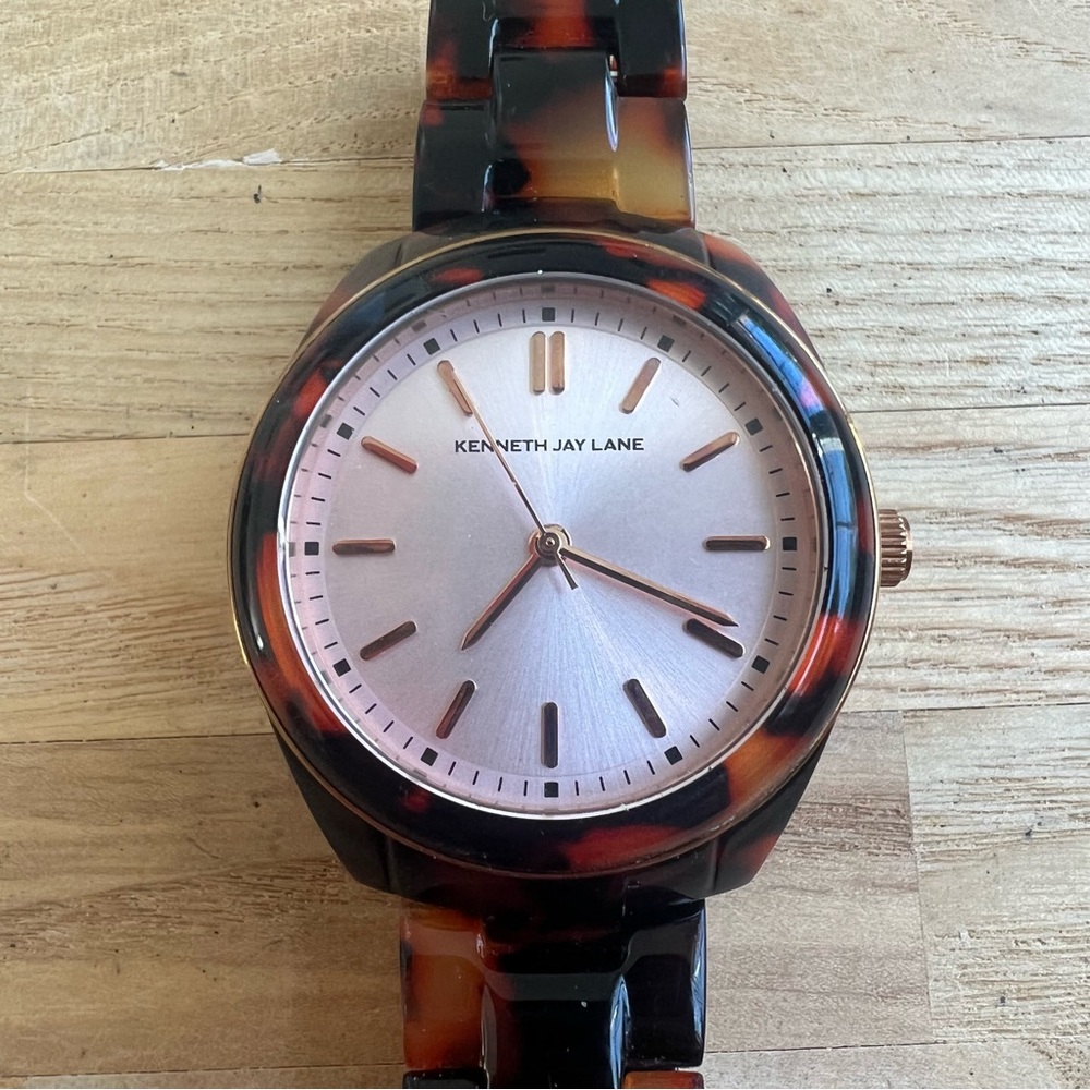 Kenneth Jay Lane ladies tortoise shell pink dial dress watch NEW BATTERY